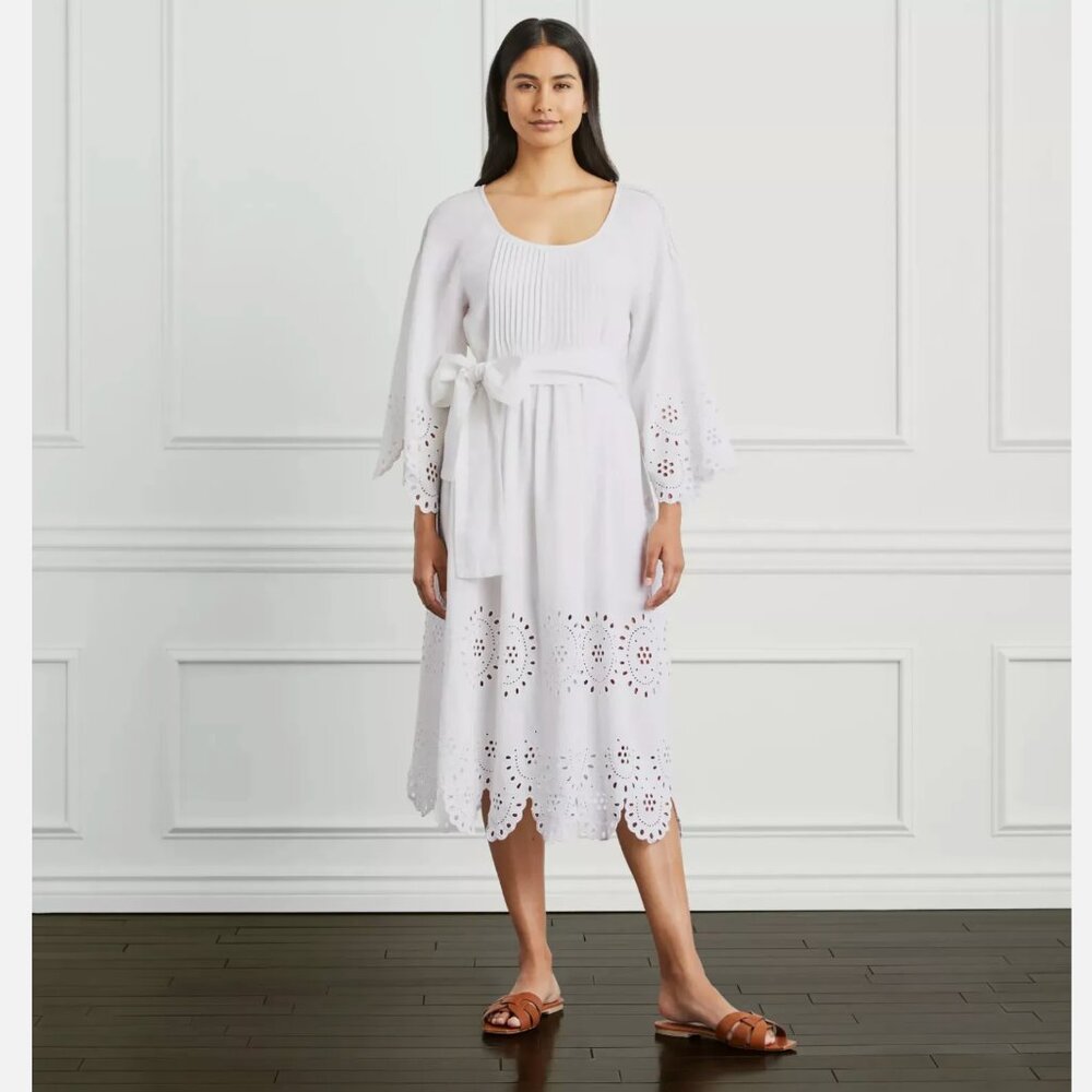 Hill House The Cora Dress White Linen Cotton Belt Eyelet Scalloped XL EUC
